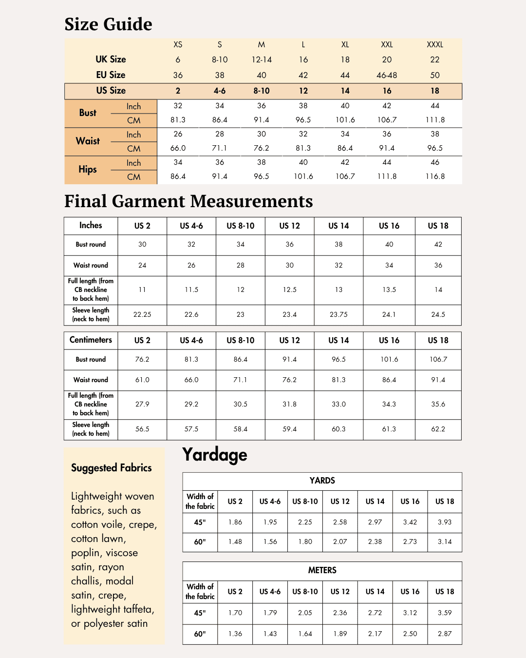Size guide and measurements for women's blouse sewing pattern 'Reese'