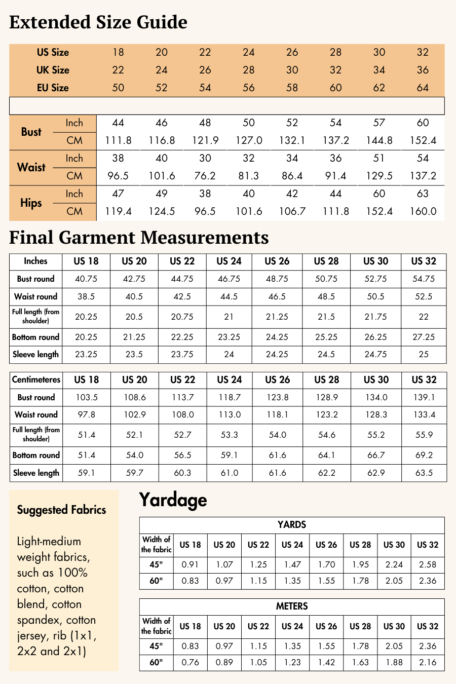 Extended size guide for the Riley long sleeve Henley sewing pattern. Provides detailed measurements and fabric yield for larger sizes.