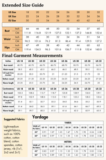 Extended size guide for the Riley long sleeve Henley sewing pattern. Provides detailed measurements and fabric yield for larger sizes.