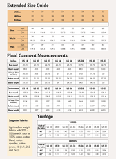 Extended size guide and fabric yardage details for women's Henley shirt sewing pattern