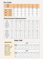 Size guide and measurement charts for women's Henley shirt sewing pattern 'Riley'