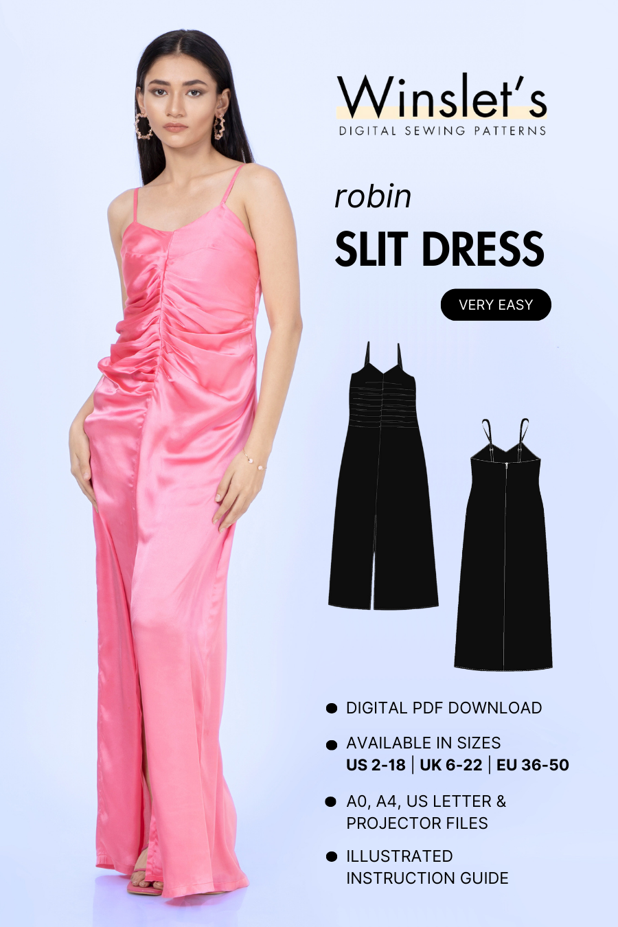 Slit dress sewing pattern 'Robin' by Winslet's, featuring a ruched bodice, spaghetti straps, and a thigh-high slit. Available in digital formats A0, A4, Letter, and Projector files.