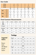 Size guide and fabric recommendations for the 'Robin' slit dress sewing pattern, available in US sizes 2-18, UK 6-22, and EU 36-50.