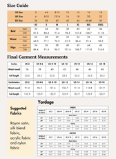Size guide and fabric yardage for women's maxi slip dress pattern