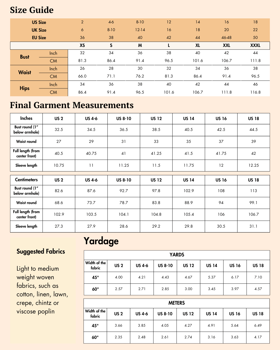 Extended size guide with bust, waist, and hip measurements
