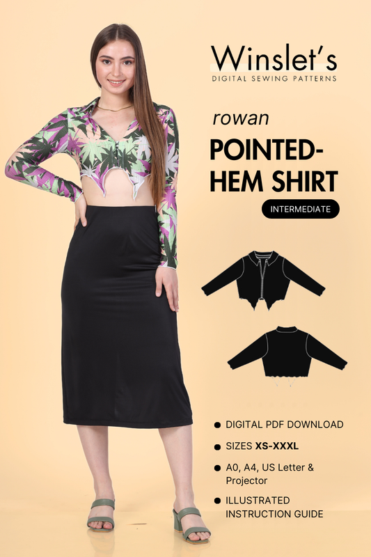 Cover image of Model wearing a crop shirt with a unique pointed hem, showcasing long sleeves accompanied by 2D image of the sewing pattern