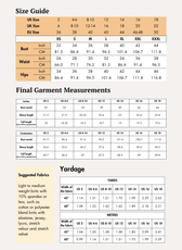 Size guide chart for Pointed Hem Crop Top 'Rowan' sewing pattern