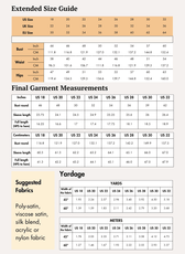 Extended size guide for women's sewing patterns including bust, waist, hips measurements in inches and centimeters