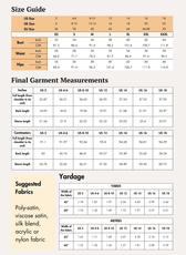 Size guide and fabric yardage for women's crop top sewing pattern