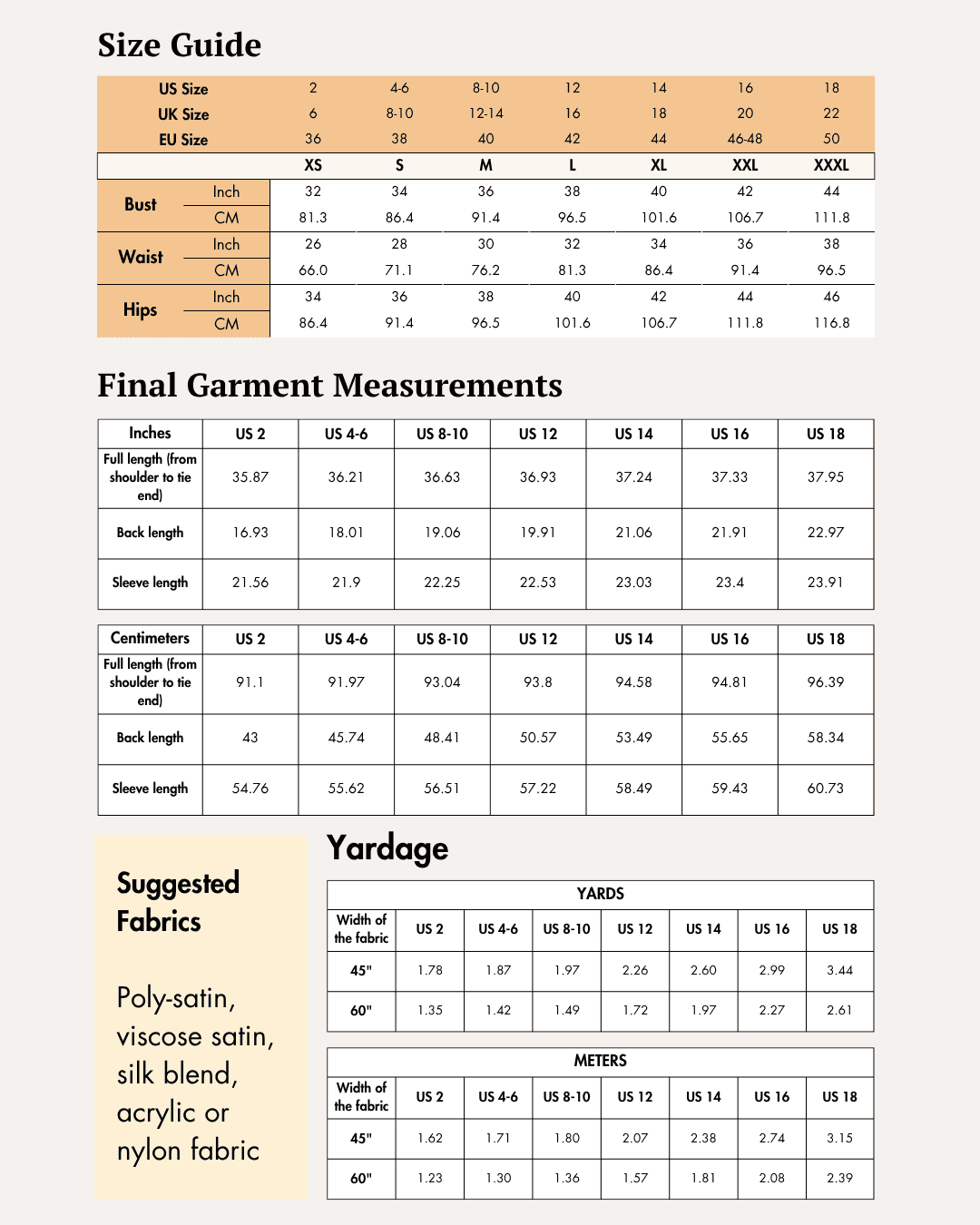 Size guide and fabric yardage for women's crop top sewing pattern