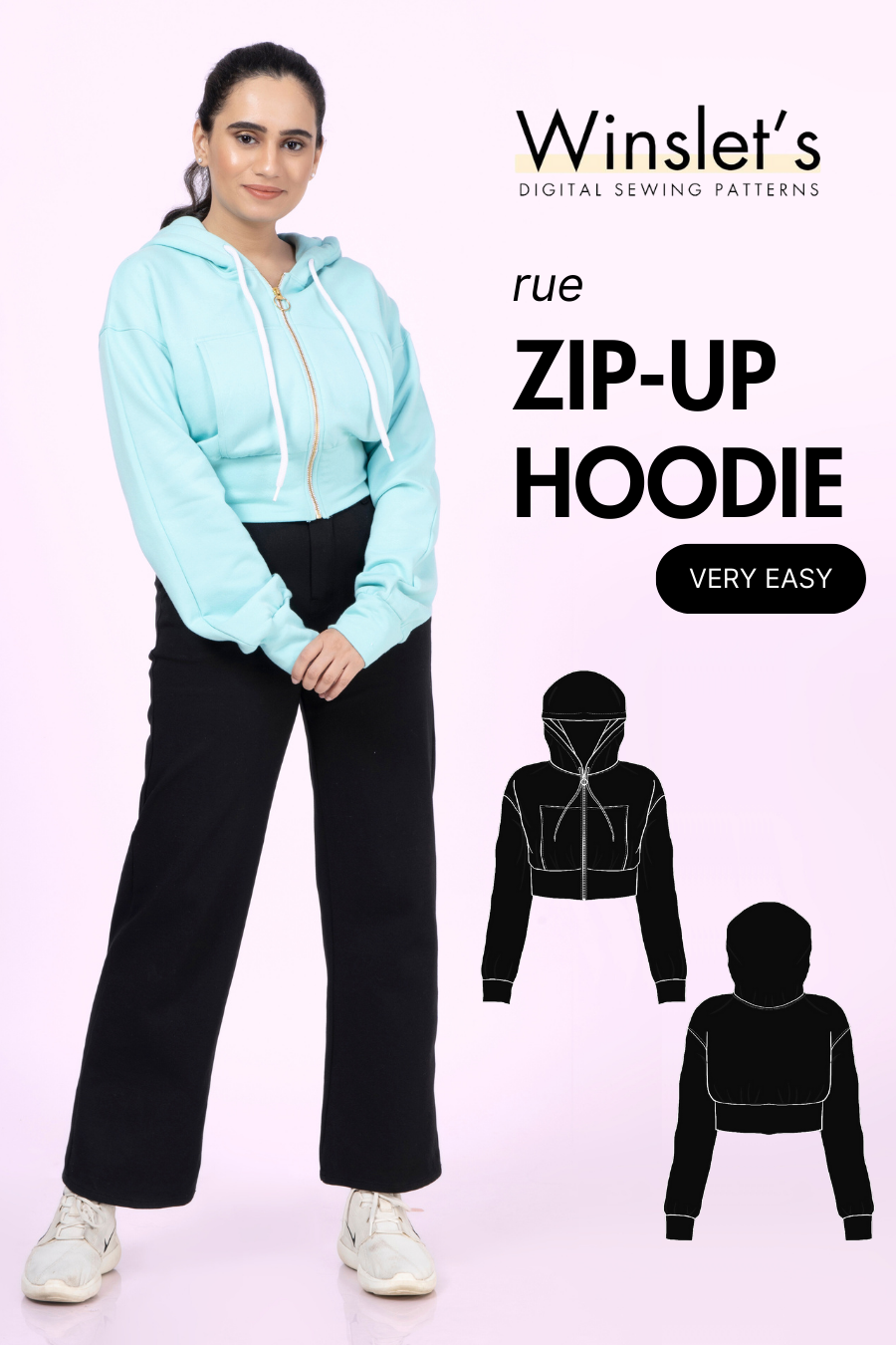 Zip Up Hoodie PDF Women's Crop Jacket Sewing Pattern Long