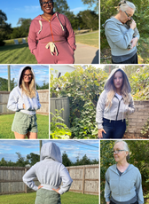 Various models showcasing the 'Rue' zip-up hoodie in different colors and styles. A versatile cropped hoodie pattern for casual and sporty outfits.