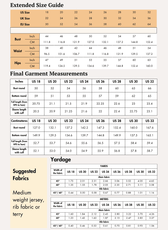 Extended size guide for women's clothing with bust, waist, hips measurements in inches and centimeters, including garment measurements for sewing patterns