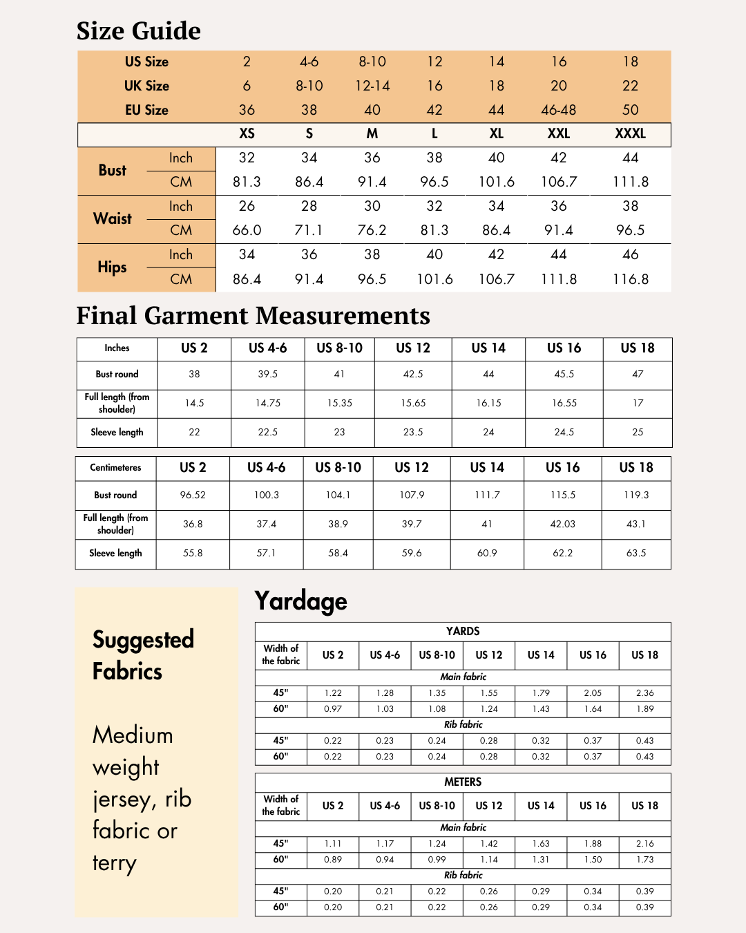 Size guide chart for women's hoodie sewing pattern with measurements