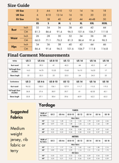Size guide chart for women's hoodie sewing pattern with measurements