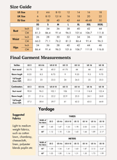 Size guide for women's sewing pattern with bust, waist, hips measurements in inches and centimeters