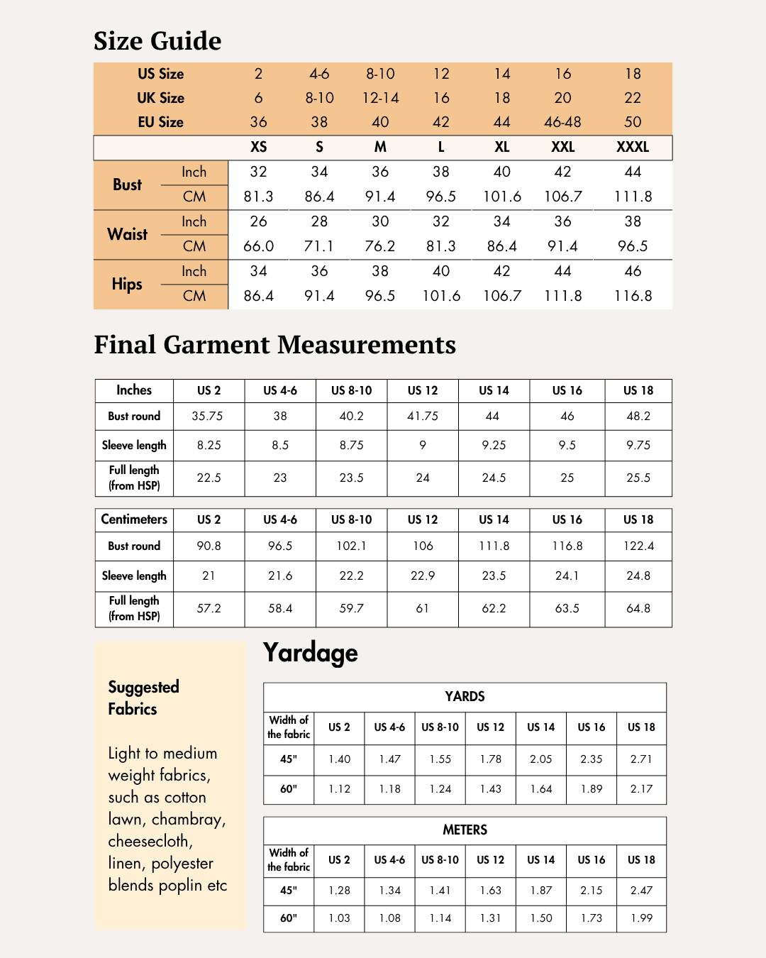 Size guide for women's sewing pattern with bust, waist, hips measurements in inches and centimeters