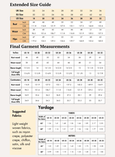 Extended size guide for women's puff sleeves ruched top sewing pattern 'Sallie' with bust, waist, and hip measurements in inches and centimeters