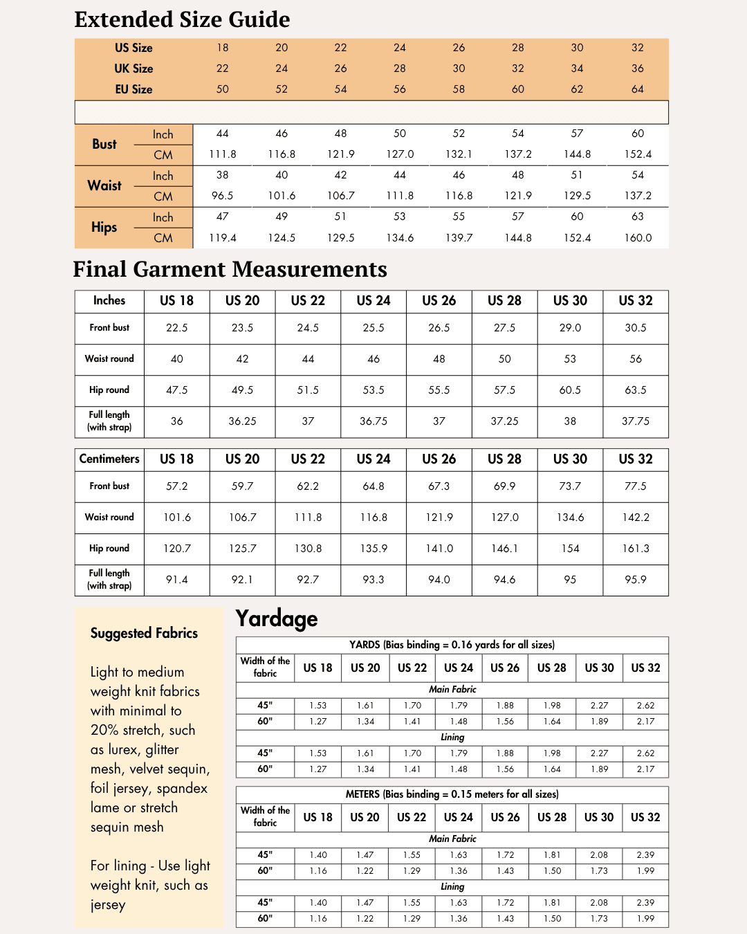 Extended Size guide chart for halter mini dress sewing pattern