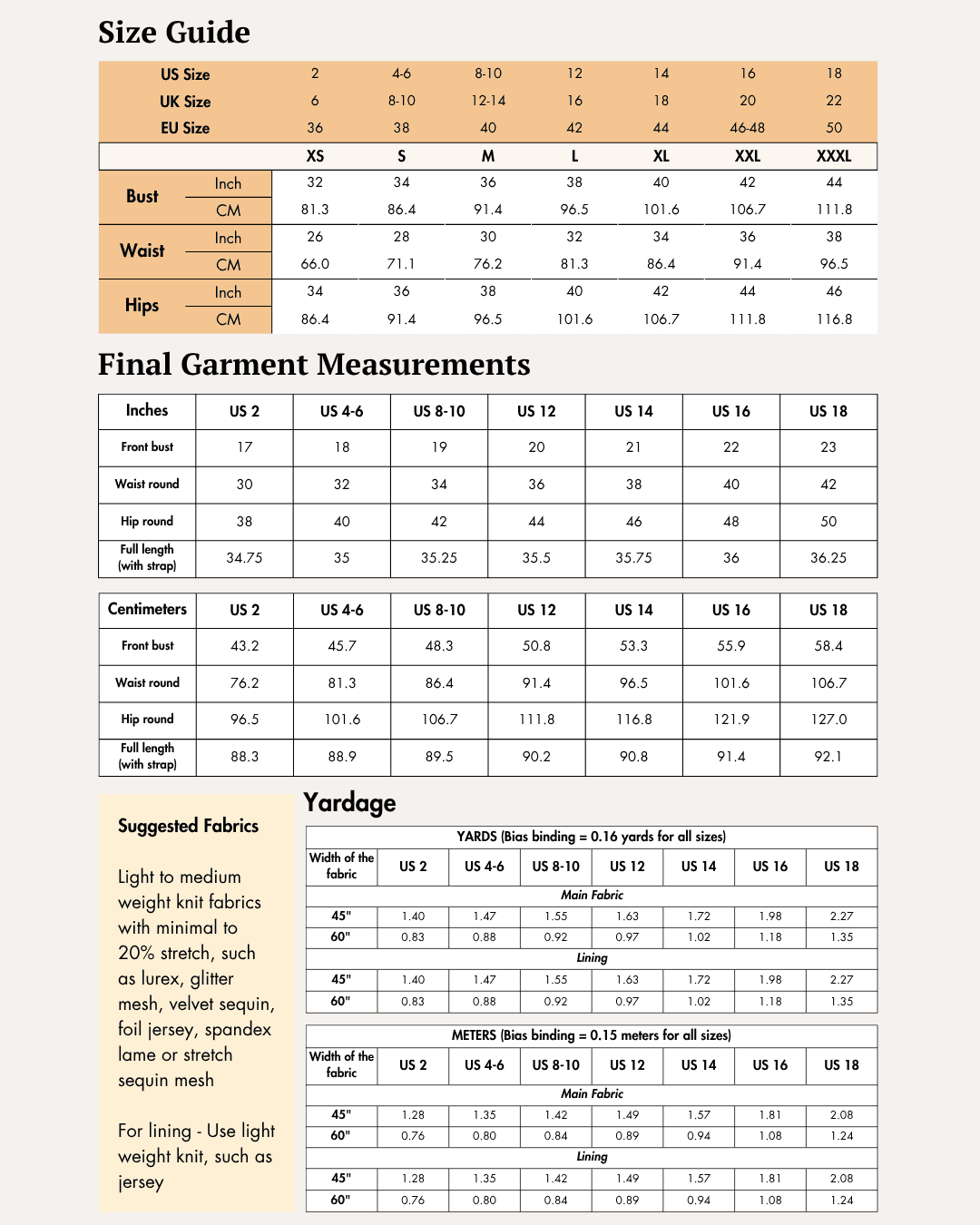 Size guide chart for halter mini dress sewing pattern