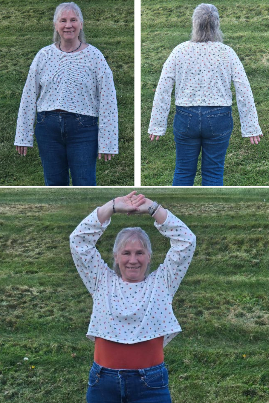 Customer wearing a white Selena sweatshirt with colorful polka dots, showing front, back, and movement flexibility of the design.