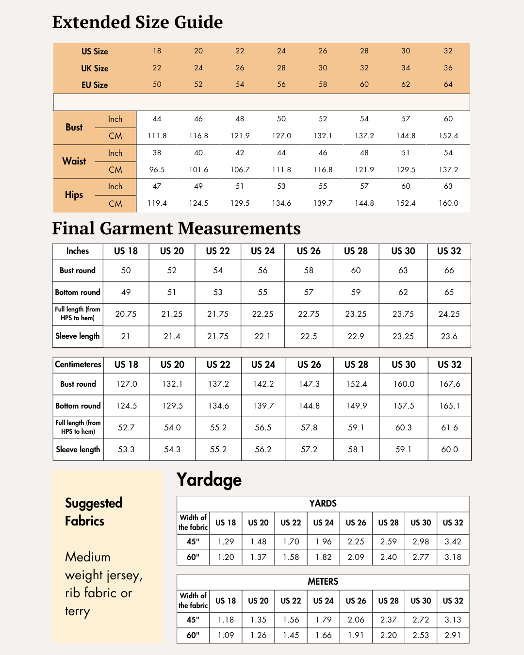 Extended Size guide chart for women's sweatshirt sewing pattern with measurements in inches and centimeters