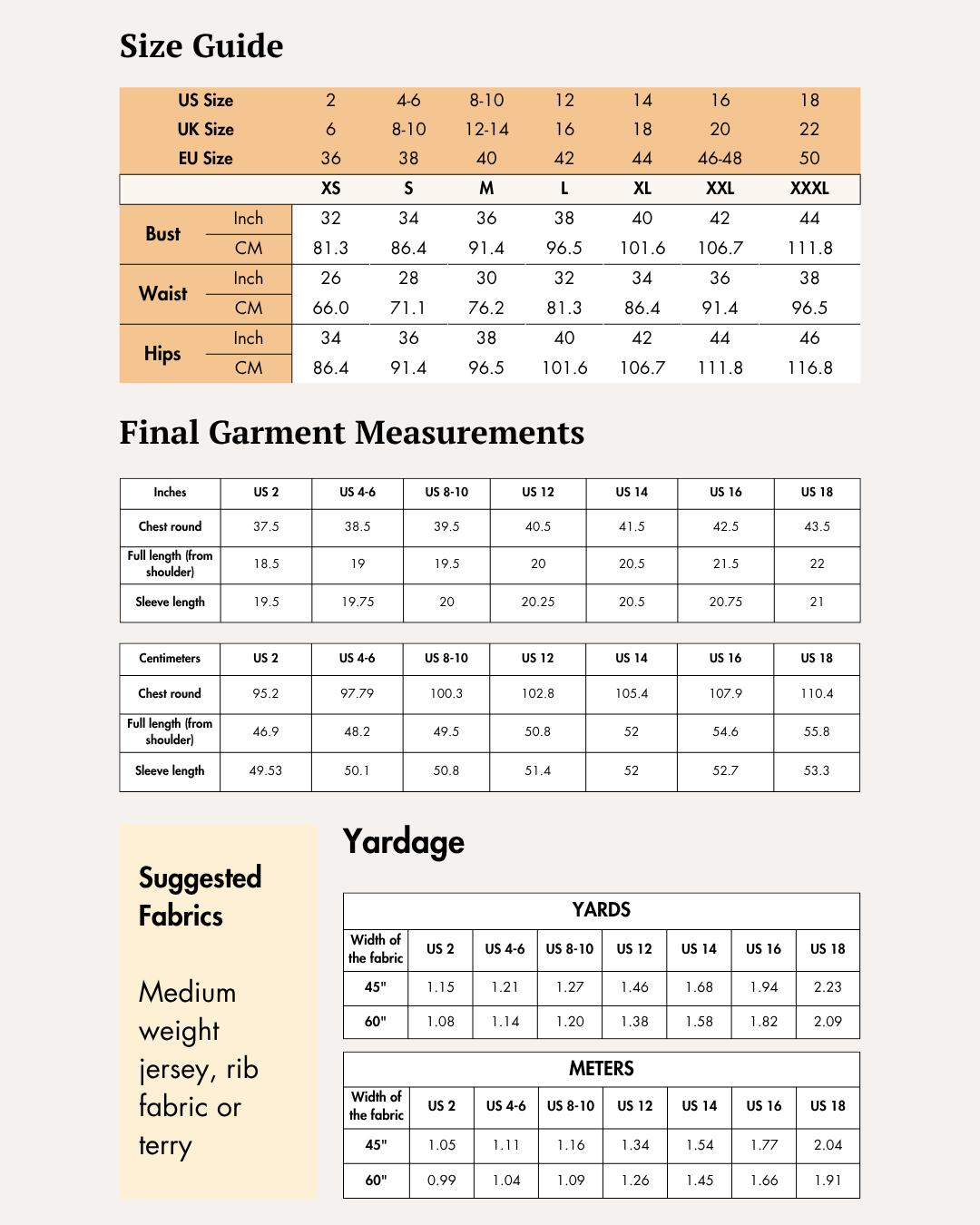 Size guide chart for women's sweatshirt sewing pattern with measurements in inches and centimeters