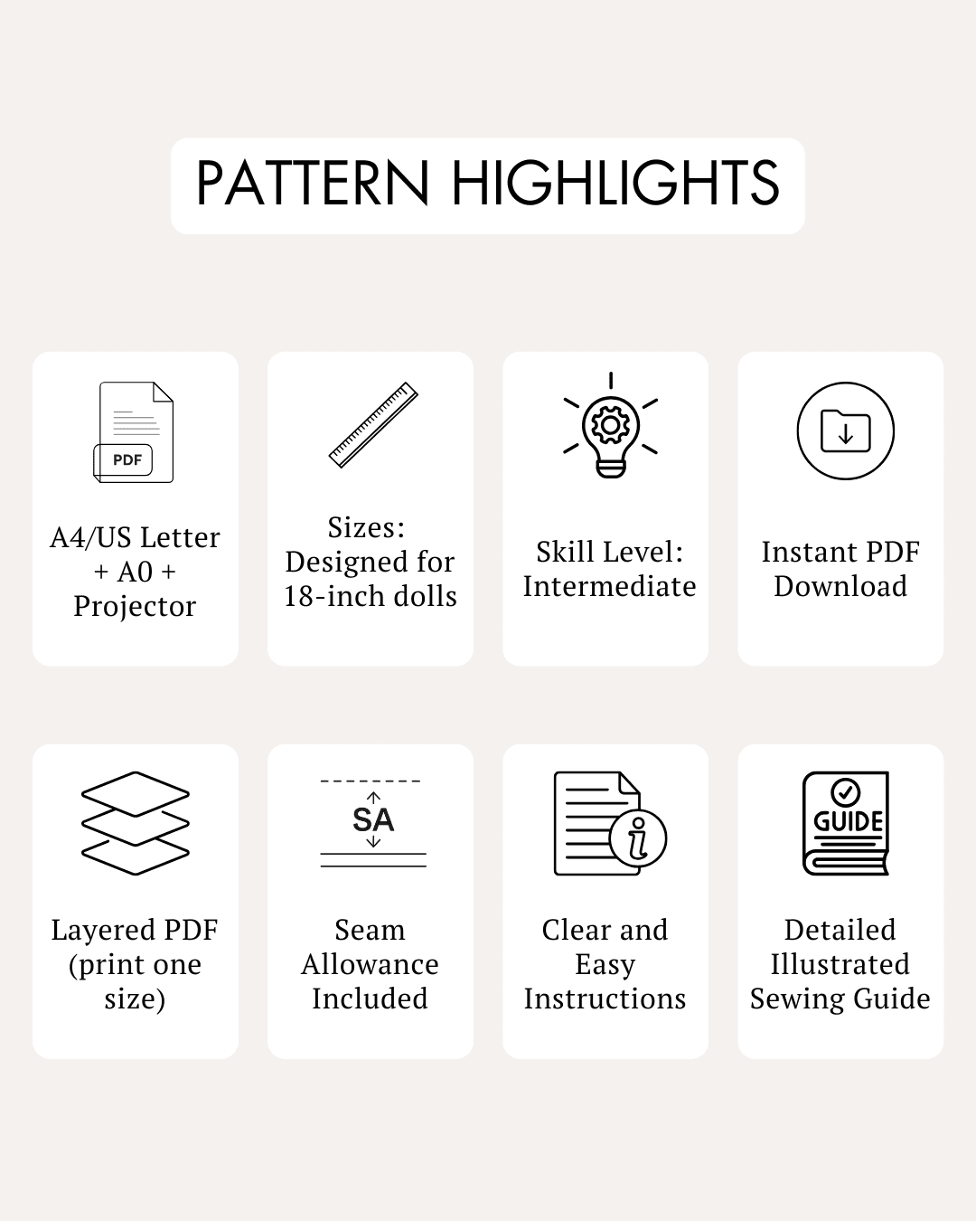 Pattern highlights for doll Millie dress with flared skirt, buttons, and puff sleeves
