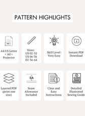 Pattern highlights for sewing PDF top with layered and detailed instructions