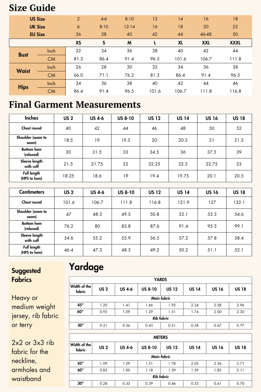 Size guide and fabric recommendations for the 'Raya' bomber jacket sewing pattern, including measurements and suggested materials.