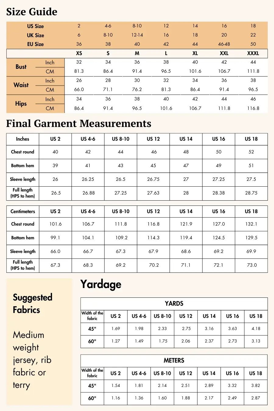 Size guide for the 'Rhea' hoodie sewing pattern, detailing US, UK, and EU sizes along with bust, waist, and hip measurements.