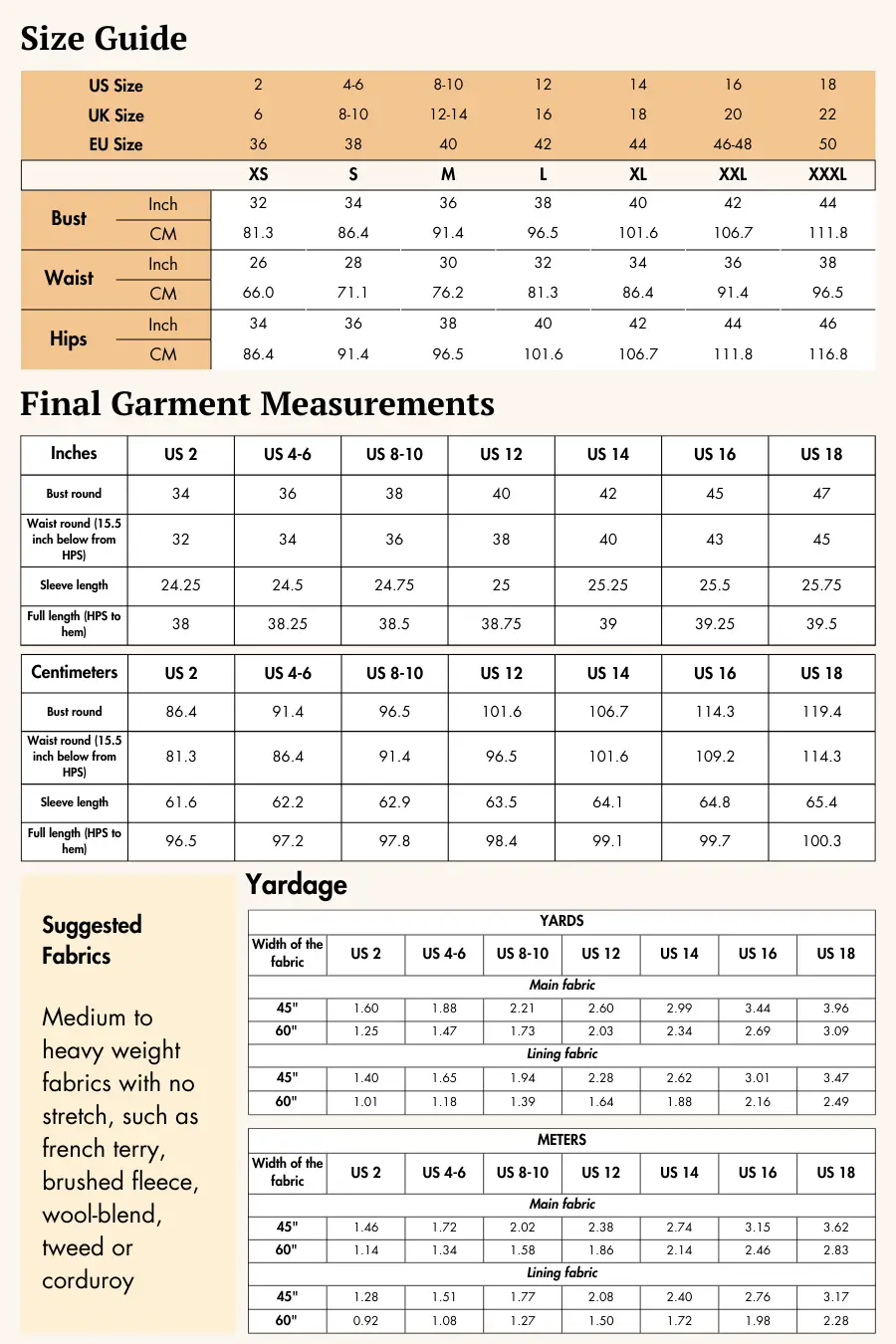 Size guide and fabric recommendations for the Monroe blazer sewing pattern, including measurements and suggested materials for optimal results.