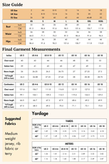 Size guide for the 'Rhea' hoodie sewing pattern, detailing US, UK, and EU sizes along with bust, waist, and hip measurements.