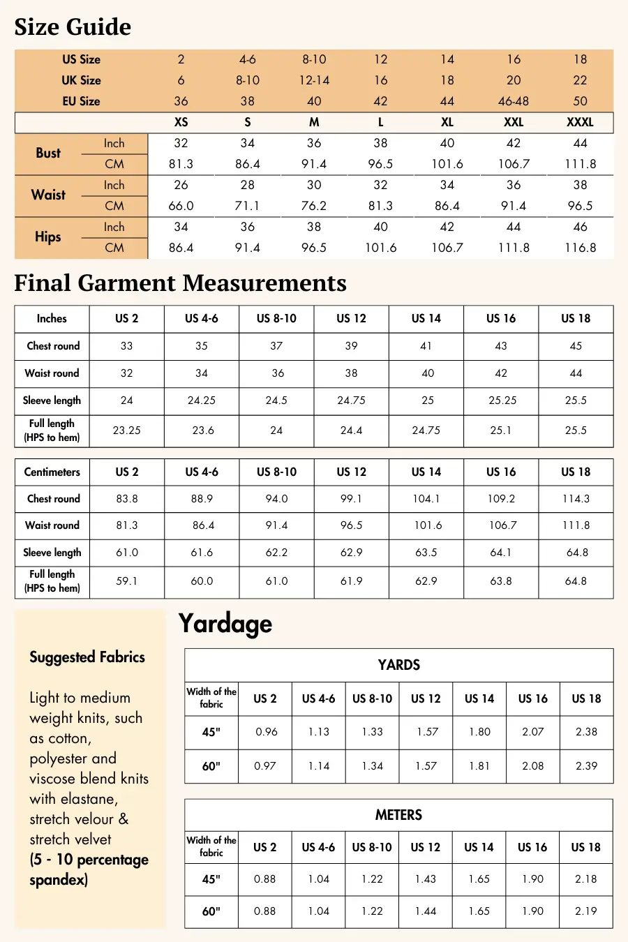 Size guide for the 'Misha' long sleeve t-shirt sewing pattern, including US, UK, and EU sizes. Provides bust, waist, and hip measurements for accurate fitting.