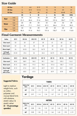 Size guide for the 'Misha' long sleeve t-shirt sewing pattern, including US, UK, and EU sizes. Provides bust, waist, and hip measurements for accurate fitting.