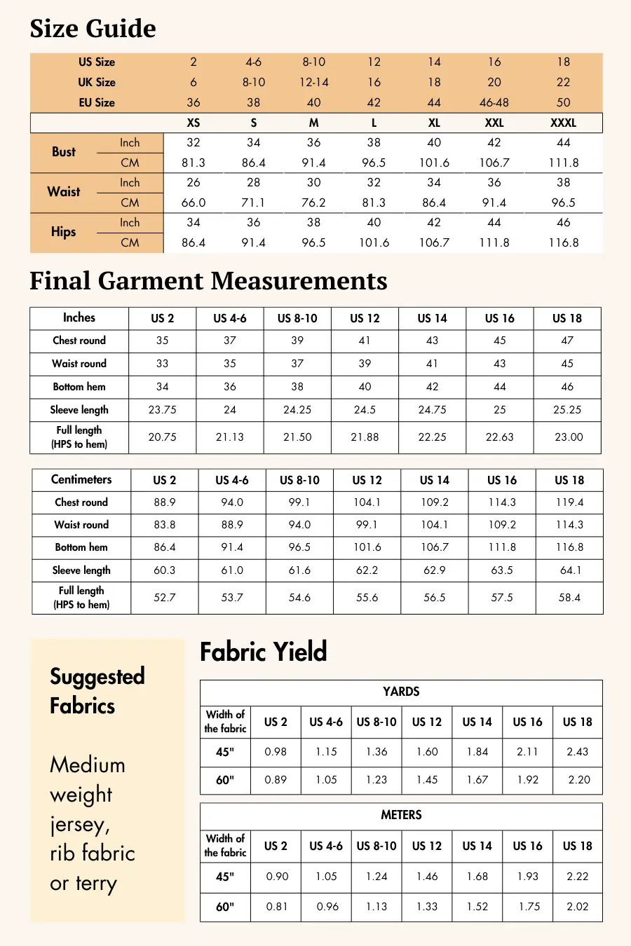 Size guide and fabric recommendations for the 'Liza' cardigan sewing pattern. Includes measurements, fabric yield, and suggested materials for the best results.