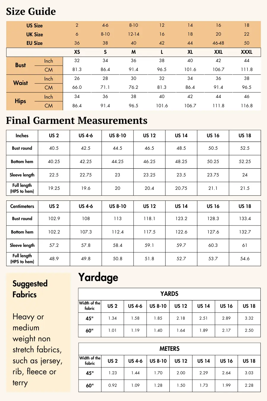 Size guide and fabric recommendations for the 'Noelle' short jacket sewing pattern, including measurements and fabric yardage details.