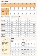 Size guide and garment measurements for the 'Nadine' sweater vest sewing pattern. Includes bust, waist, and hip measurements for accurate sizing.