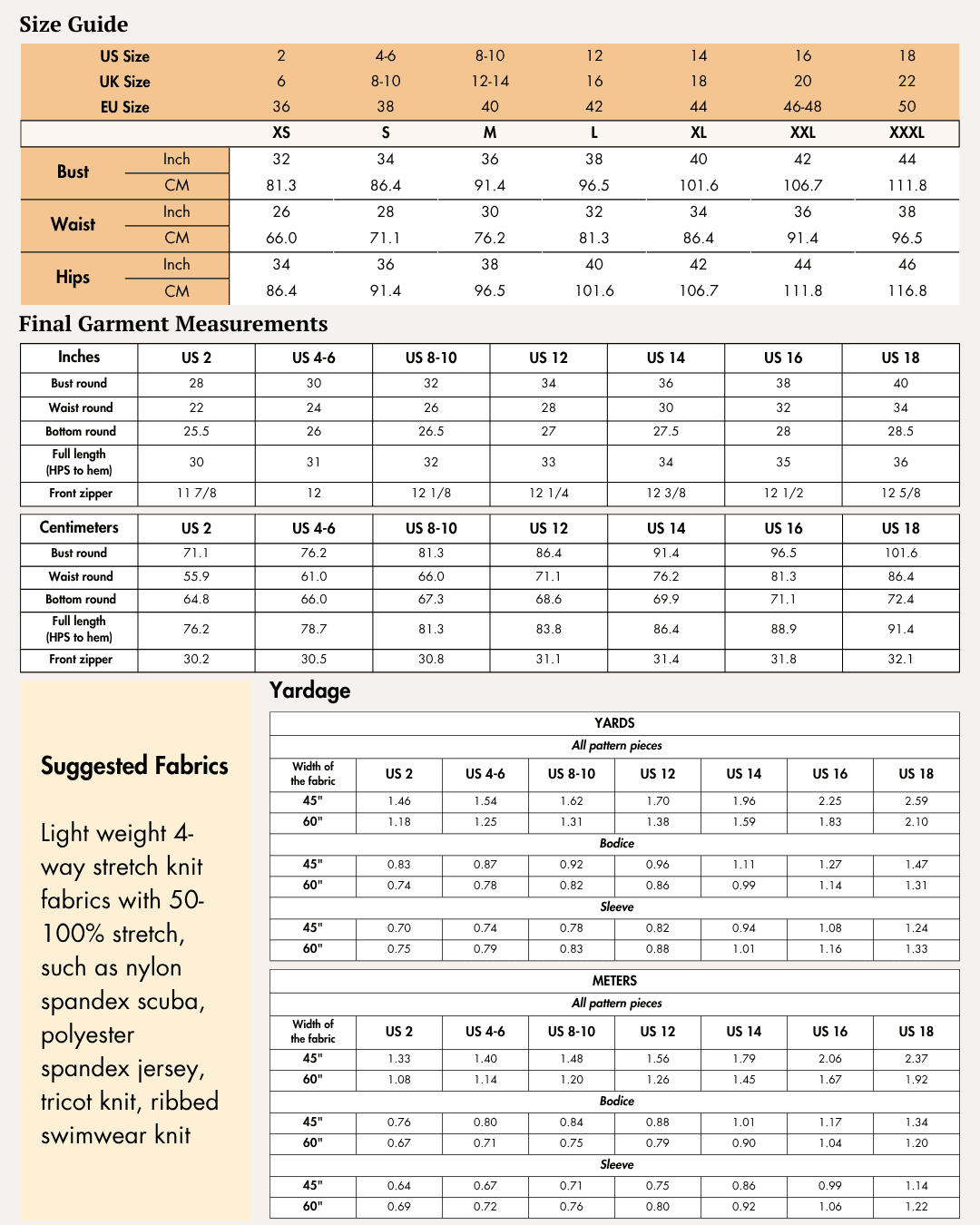 Size guide for long sleeve swimsuit sewing pattern