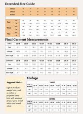 Extended size guide with bust, waist, hips measurements for sewing pattern