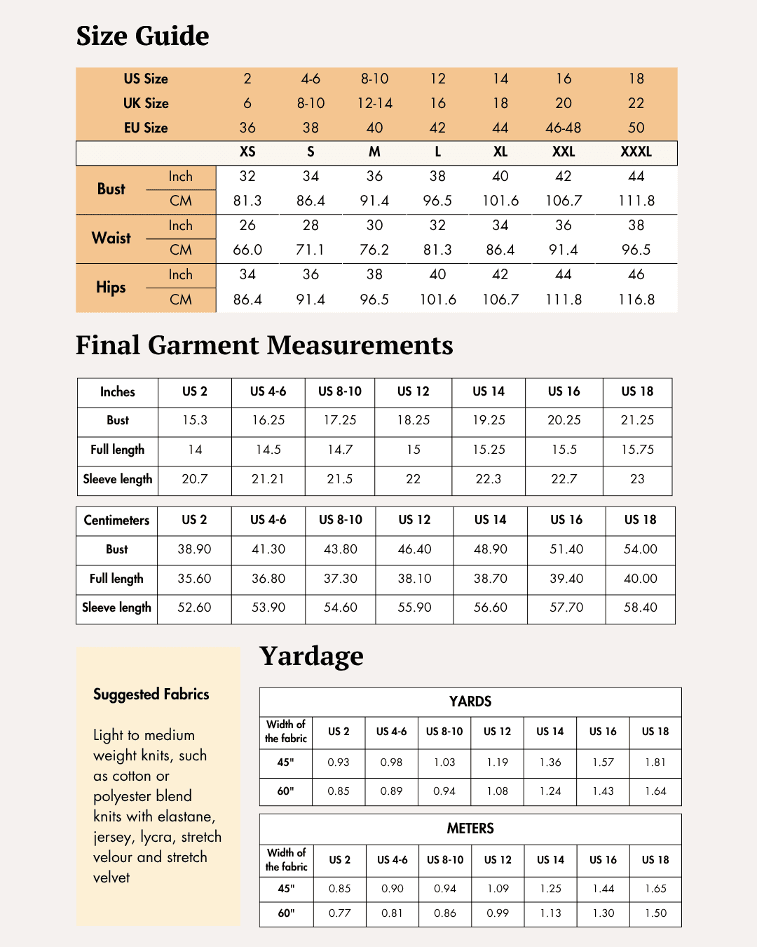 Size guide for sewing pattern including bust, waist, hips measurements