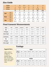 Size guide for sewing pattern including bust, waist, hips measurements
