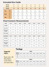 Extended Size Chart of Puff Sleeve Mini Dress Sewing Pattern 'Tori' with zipper and waist detail
