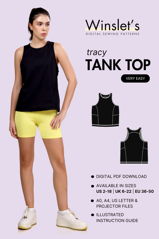 Easy tank top sewing pattern 'Tracy' by Winslet's, featuring a relaxed fit and high neckline. Digital PDF download available in US, UK, and EU sizes.