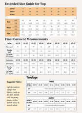Extended size guide for athletic top with bust, waist, and hip measurements in inches and centimeters