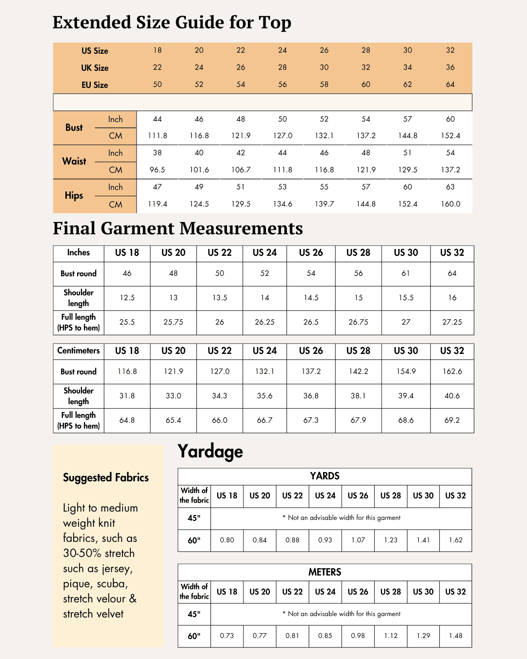 Extended size guide for athletic top with bust, waist, and hip measurements in inches and centimeters