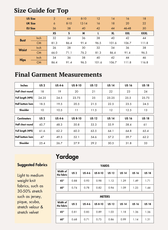 Size guide for athletic top with measurements for bust, waist, hips, and garment dimensions