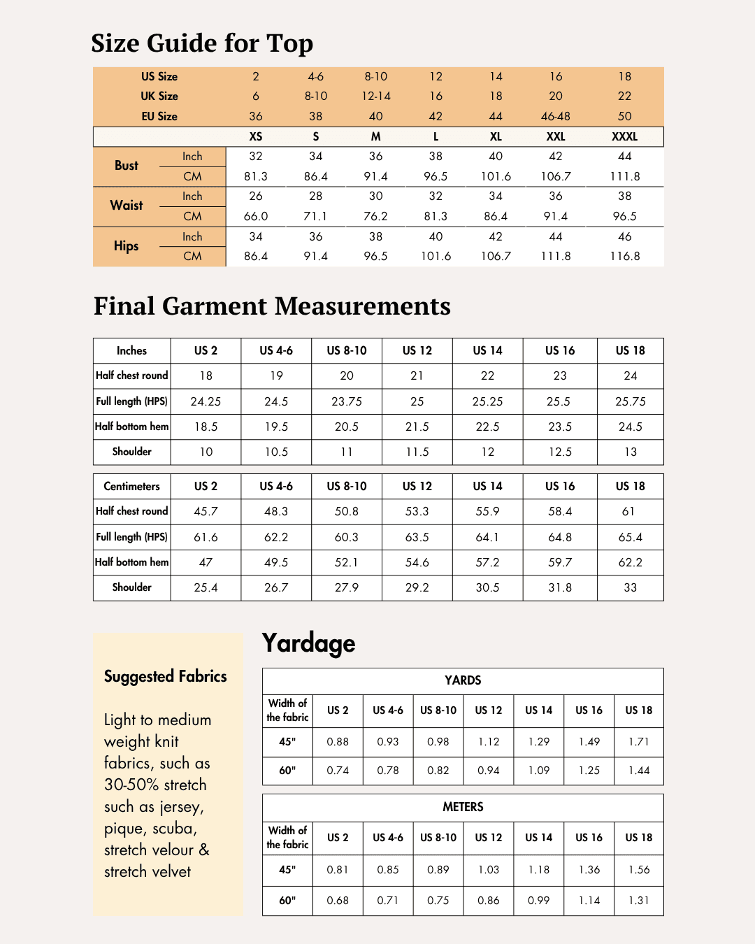 Size guide for athletic top with measurements for bust, waist, hips, and garment dimensions