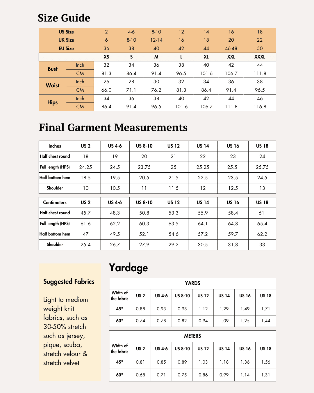 Size guide chart for women's sewing pattern 'Tracy' tank top