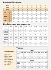 Extended Size guide chart for women's halter top sewing pattern with measurements